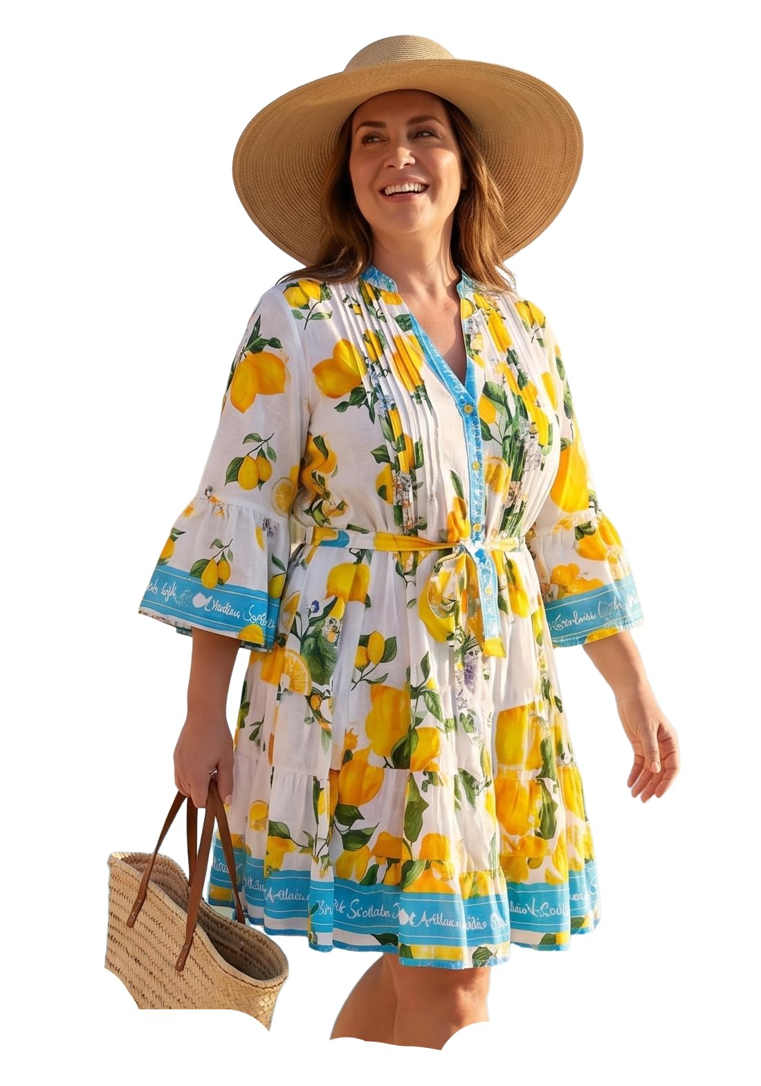 Antica Sartoria - Vestido Herculano 89 en Algodon Estampado, Cuello Mao y Abertura Delantera. Mangas 3/4, teminacion de Cenefa en Mangas y bajo. Talla Unica Muy Amplia