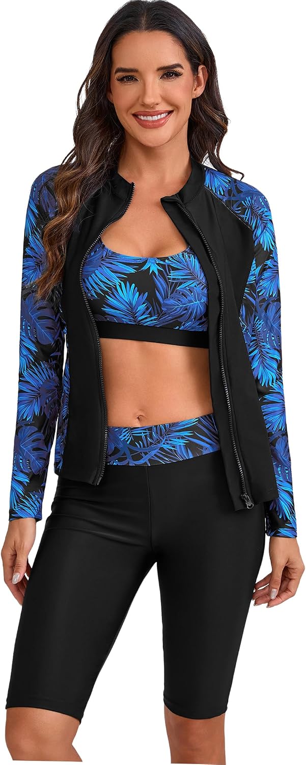OBEEII 3 Piece Rash Guard for Women Long Sleeve Bathing Suit UPF 50+ Beach Swimsuit Surfing Burkini Swim Shirt + Bra + Shorts