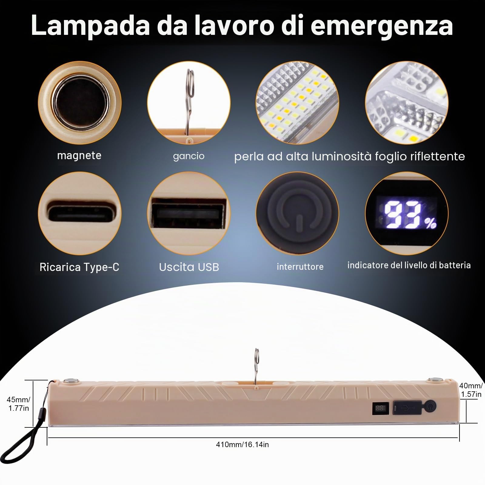 CREATESTAR Lampada da Lavoro 42CM, Torcia LED Ricaricabile Type-C Lampade di Ispezione con Base Magnetica e Gancio 5 Modalità Luce, Lampada da Officina per Riparazione Auto Campeggio Emergenza