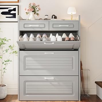 Shoe Cabinet for Entryway with 3 Large Flip Drawers and 2 Storage Drawers | Narrow Shoe Organizer Cabinet Fits for Kinds of Shoes, Slim Shoe Storage Cabinet for Entryway, Hallway, Light Grey