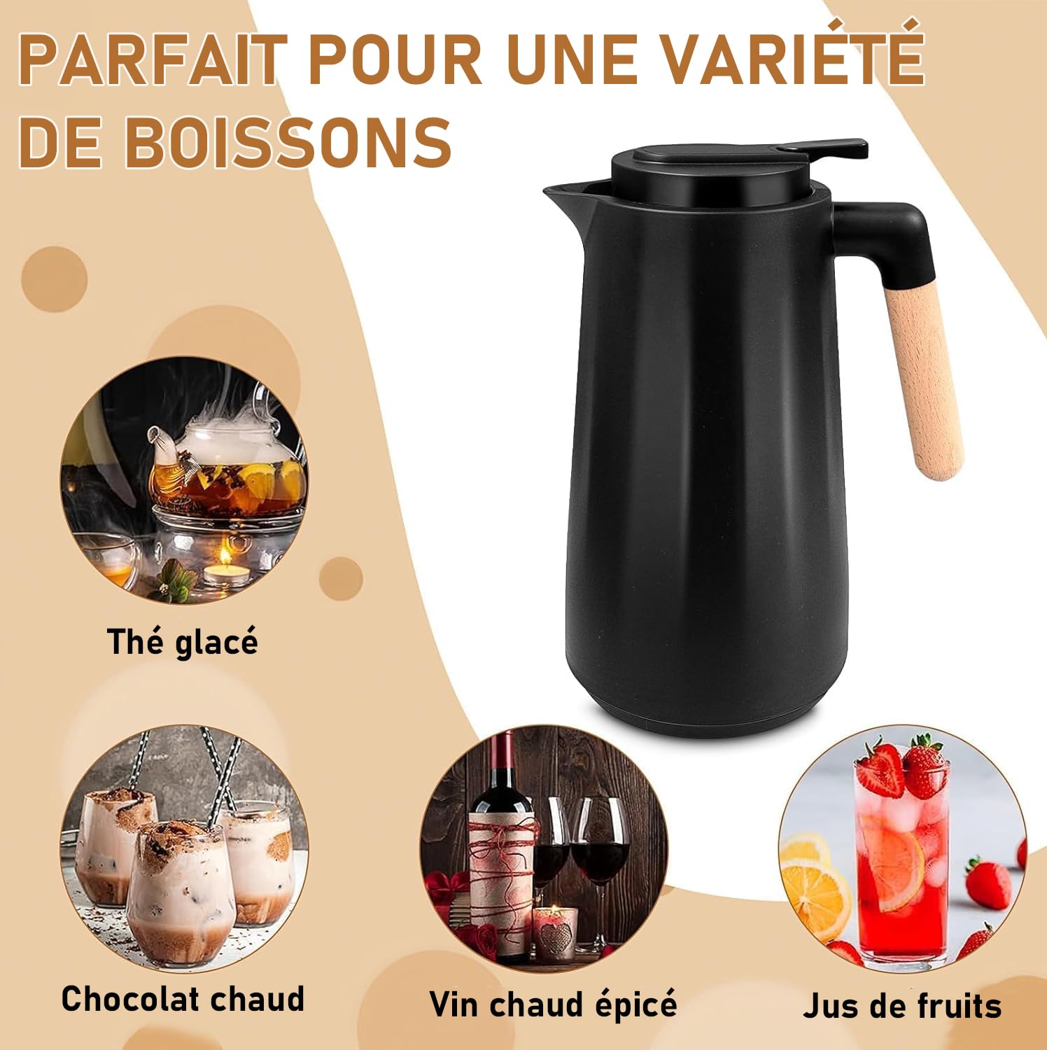 Lot de 2 Carafes Isothermes 1 L avec Doublure en Verre et Poignée en Bois - Pichet Thermique Double Paroi Sous Vide, Jug pour Café, Thé, Lait ou Chocolat Chaud, Noir