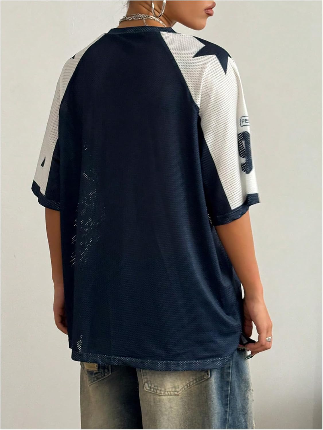 SHENHE Women's Oversized Graphic Football Jersey Shirt Mesh Short Sleeve Tee Top Streetwear - Image 2