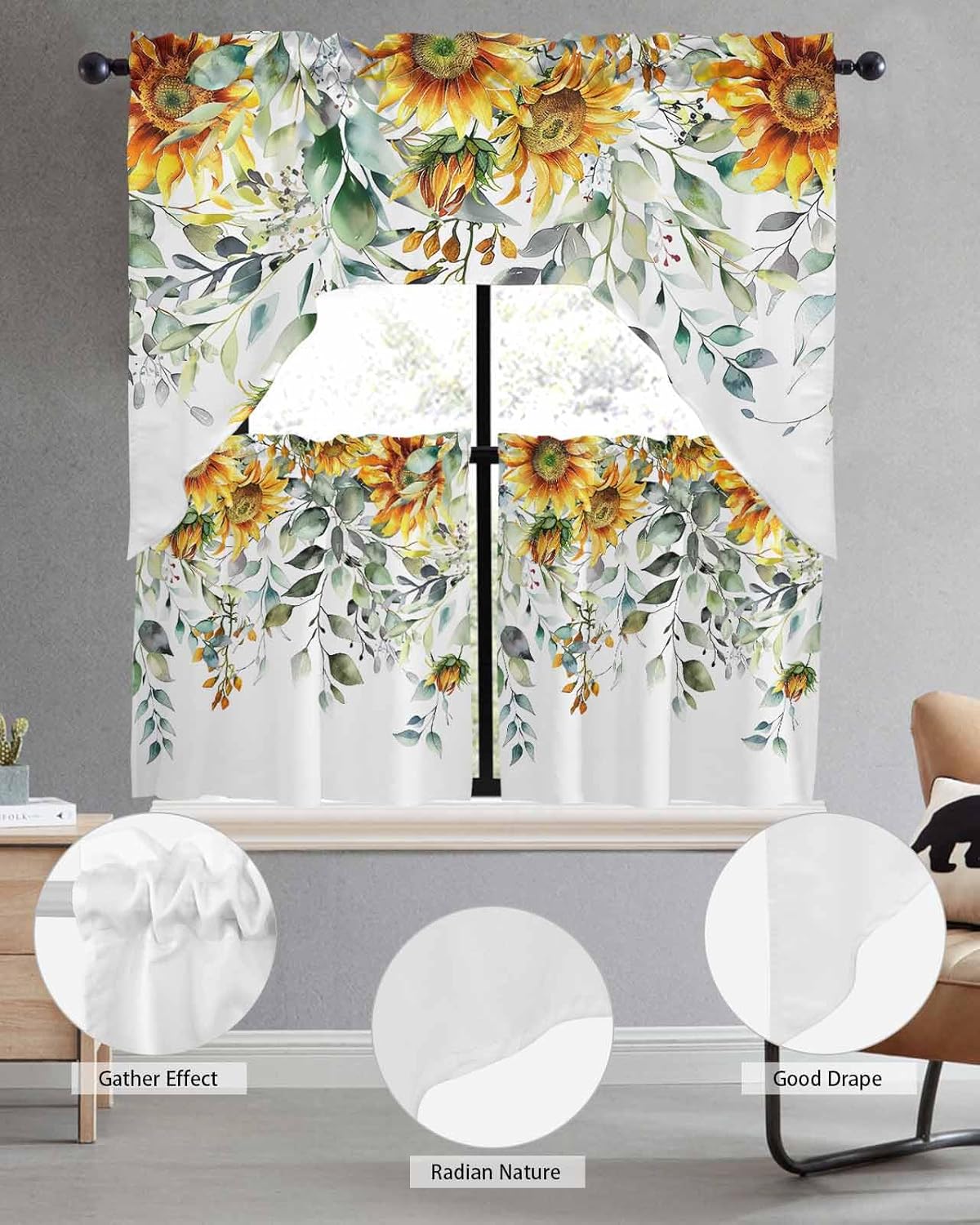 Kitchen Curtains Sets 36 Inch Length with Valance, Yellow Flower Sage Green Eucalyptus Leaves Swag Valances for Windows and Tiers Curtain Set, Rod Pocket Sunflower Drapes for Living Room, Cafes