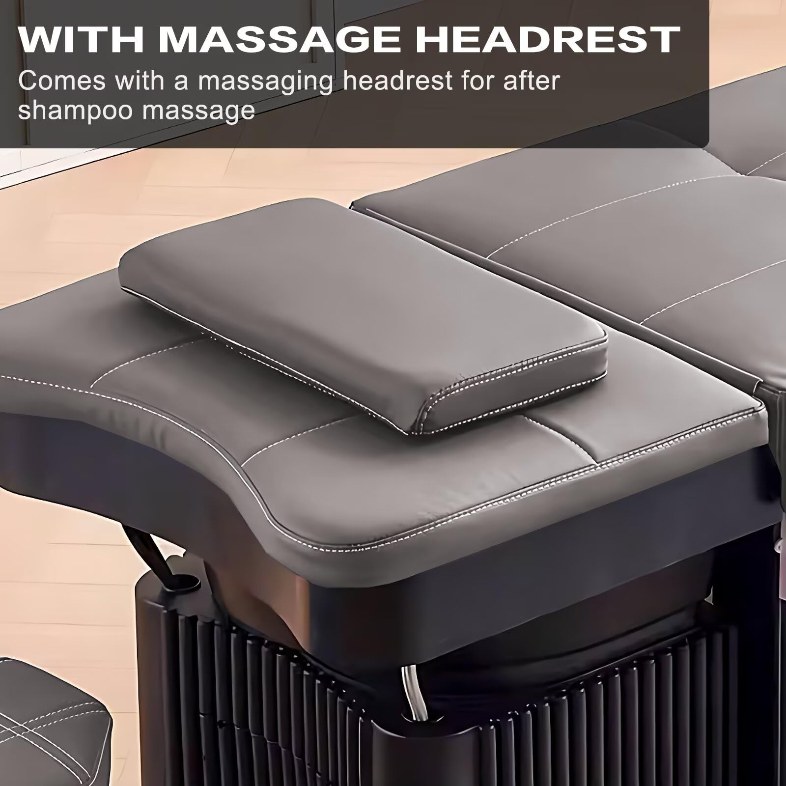 Professionelle Salon-Shampoo-Massageliege, Kopf-Spa-Ausstattung mit schwarz gestreiftem Sockel, Kosmetiktisch, viel Stauraum, Wasserkreislauf & Begasung (grau)