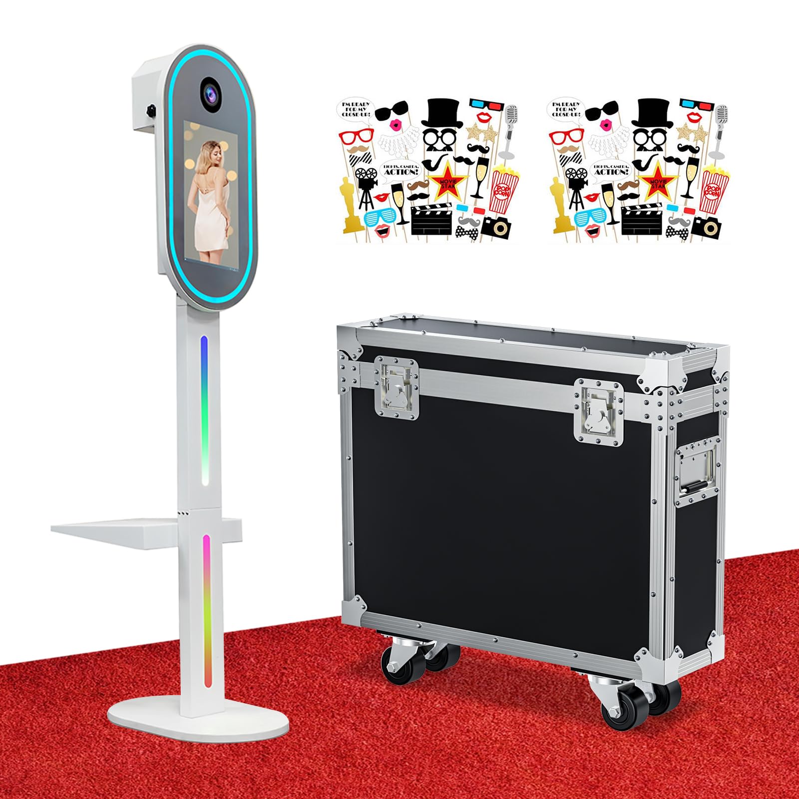 Mirror Photo Booth Machine with 15.6'' Touch Screen Mirror Photo Booth Machine with Flight Case,Built-in Mini PC APP Remote Control RGB Light for Party Events Wedding Rental (White)