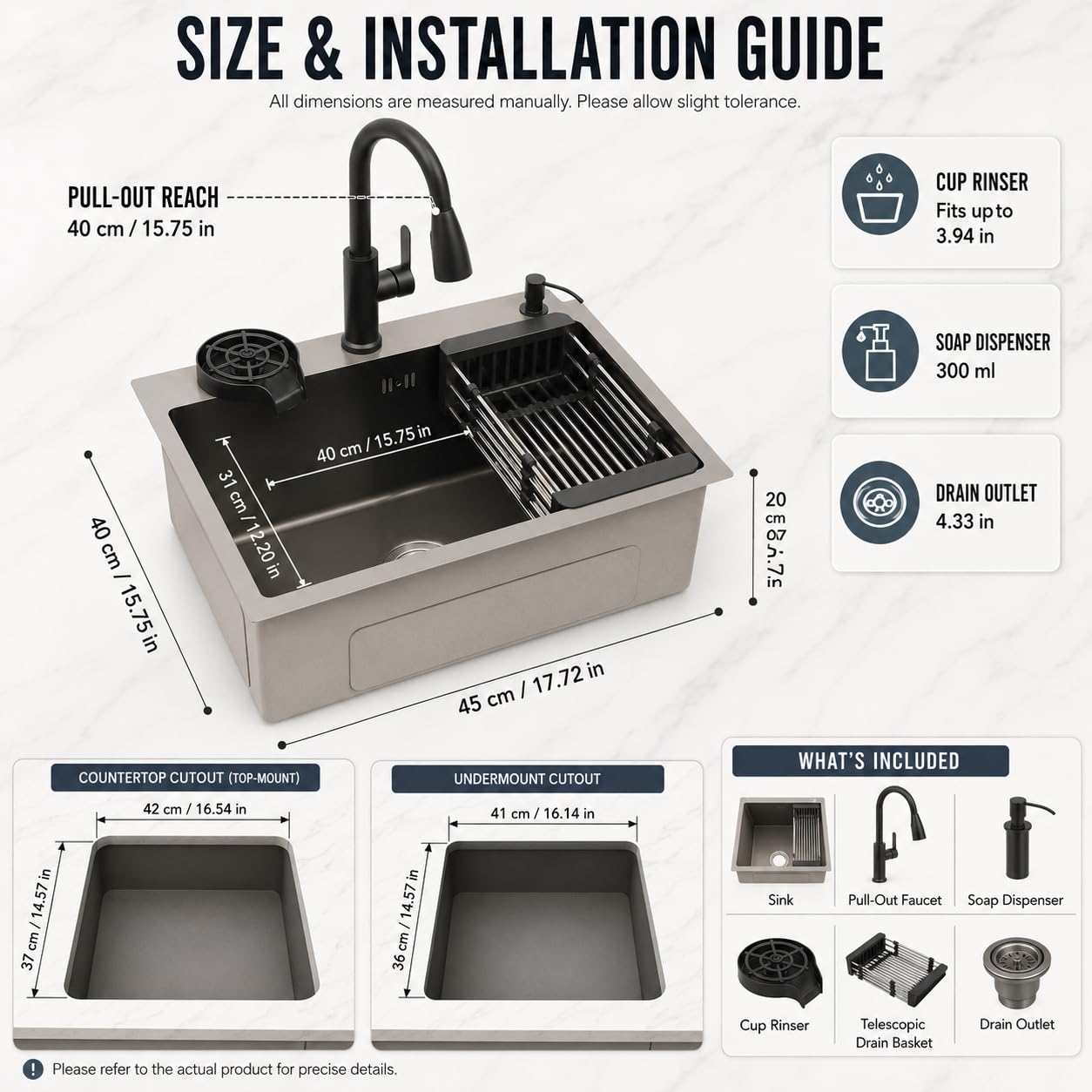 Lavello da cucina in acciaio inox, 1 vasca, 45 x 40 cm, con rubinetto estraibile, lavello da incasso con lavacalici, cestello scolapiatti e dispenser di sapone, per ristoranti, caffè, bar e hotel