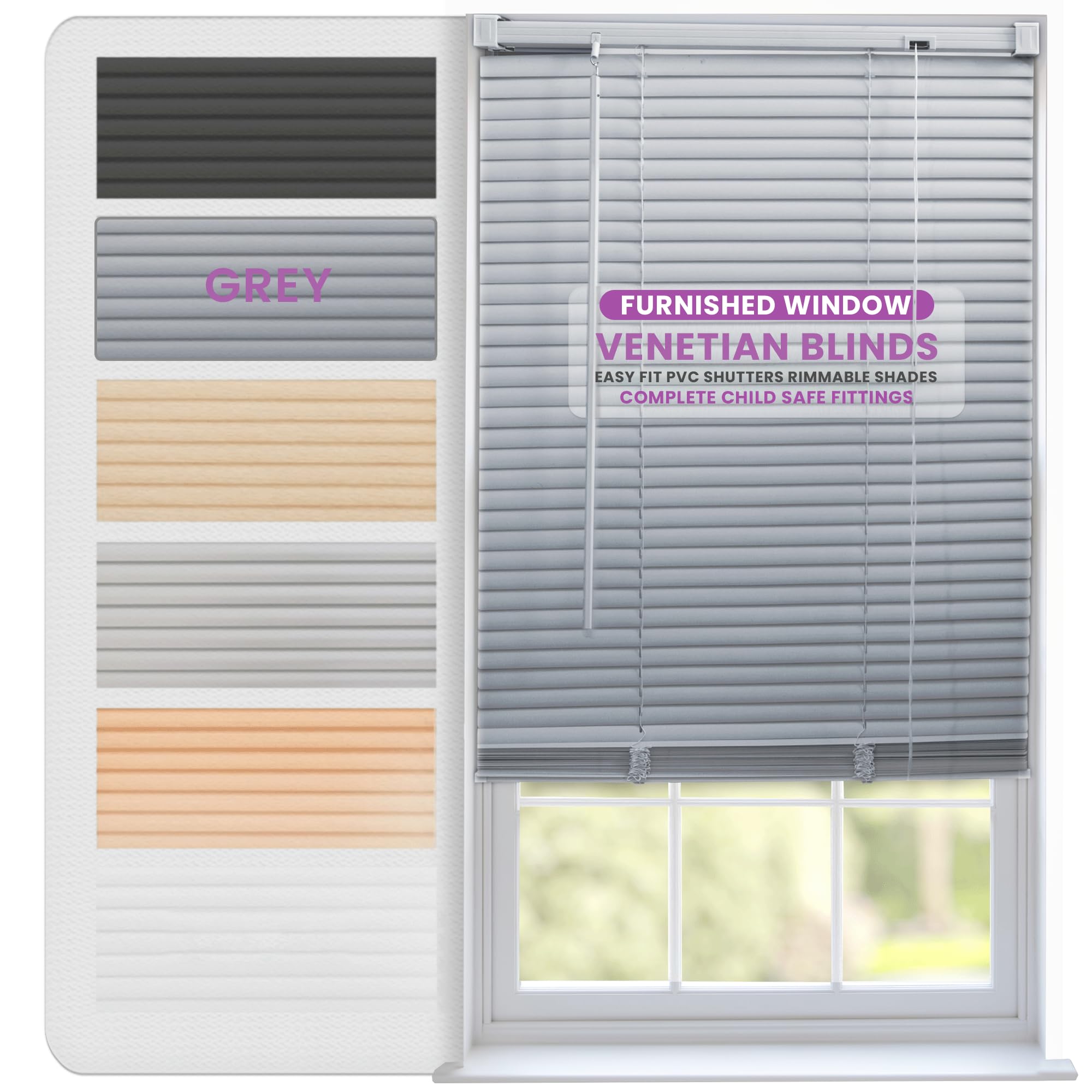 FURNISHED Venetian Blinds Window Venetian Blind Easy Fit PVC Shutters Trimmable Shades for Home Kitchen Windows Treatment Shutters 25mm Slats Complete Child Safe Fittings - Grey 185W x 150L cm