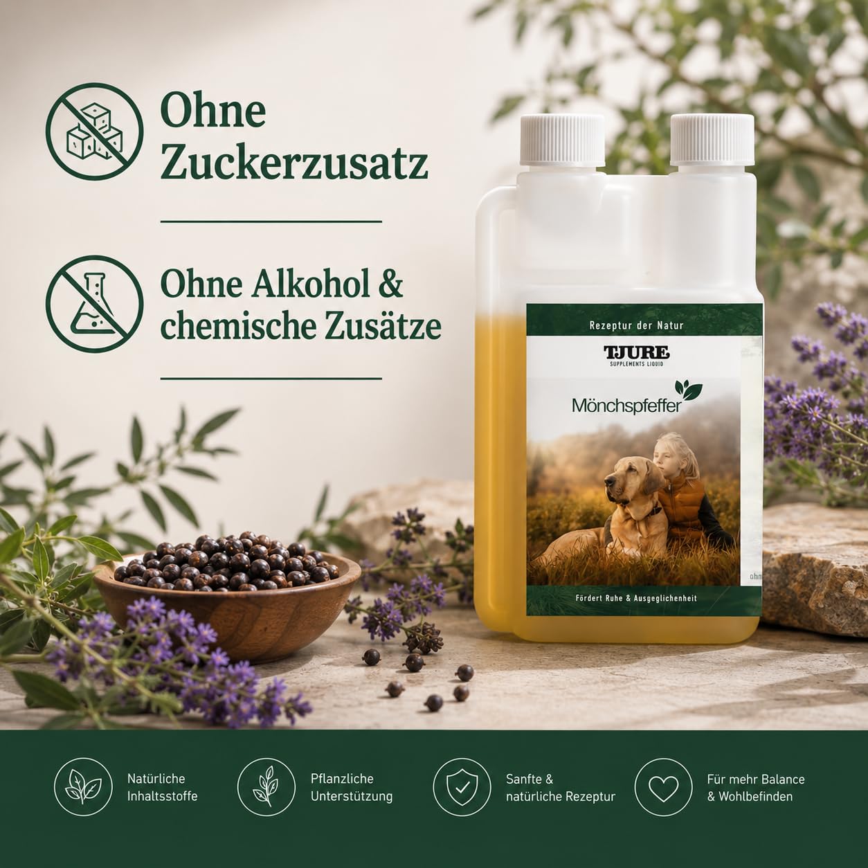 TJURE Mönchspfeffer Liquid für Hunde | 500 ml | Ergänzungsfuttermittel für Hunde mit Mönchspfeffer | Pflanzliche Rezeptur zur Unterstützung in besonderen Phasen | Made in Germany