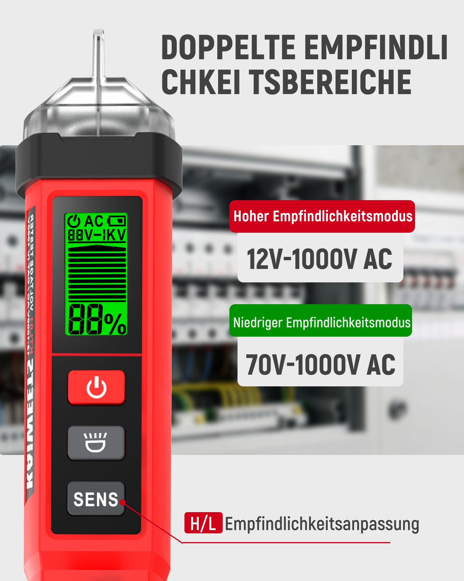 KAIWEETS Tester napięcia profesjonalny, wykrywanie napięcia bezdotykowe, podwójny zakres 12-1000 V AC