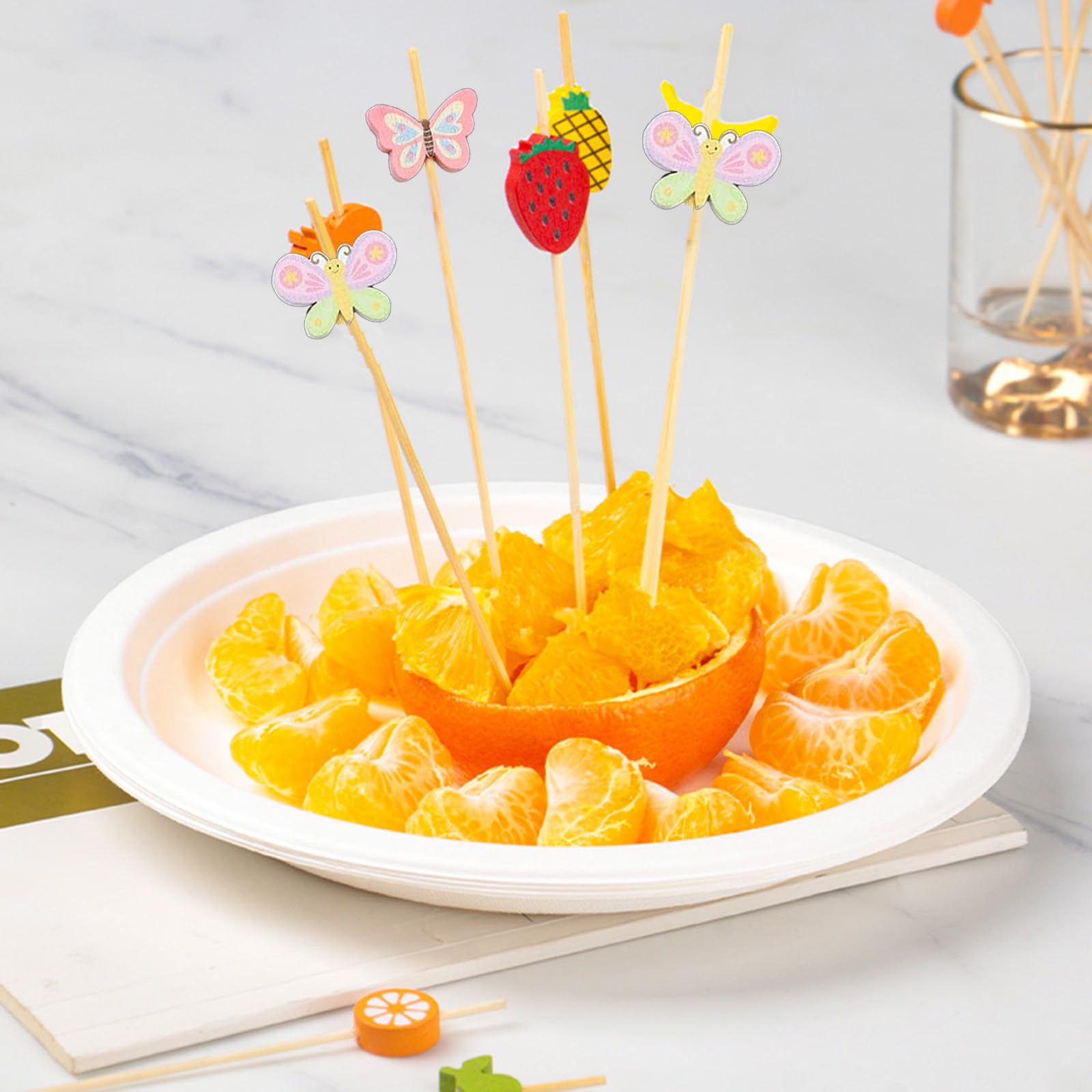 100 Stuzzicadenti Cocktail Decorati - Con Hamburger In Legno, 12cm, Per