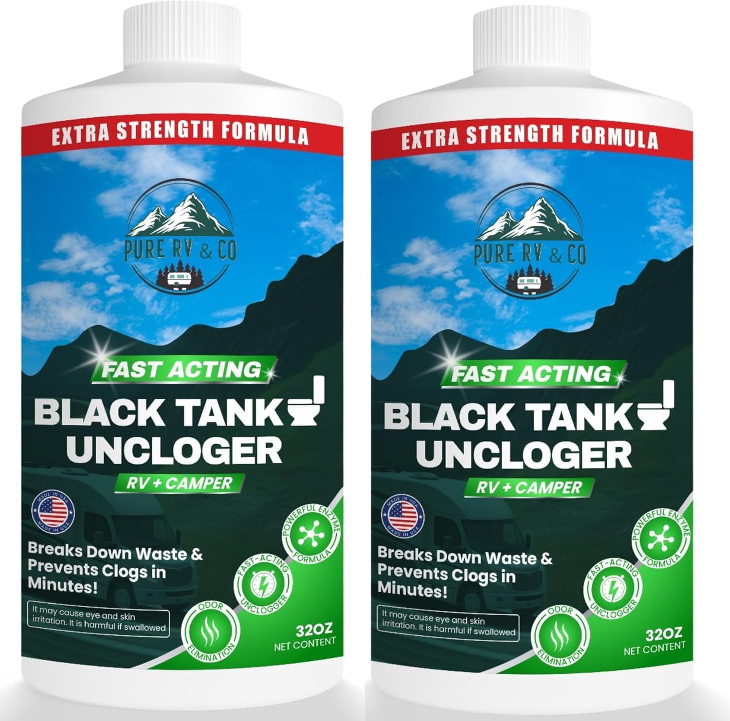 Extra Strength Black Tank Unclogger 32oz - Fast-Acting RV Clog Remover | Liquefies Pyramid Plugs, Sludge & Compacted Waste | Septic & Sensor Safe for Camper & Motorhome (Pack of 2)