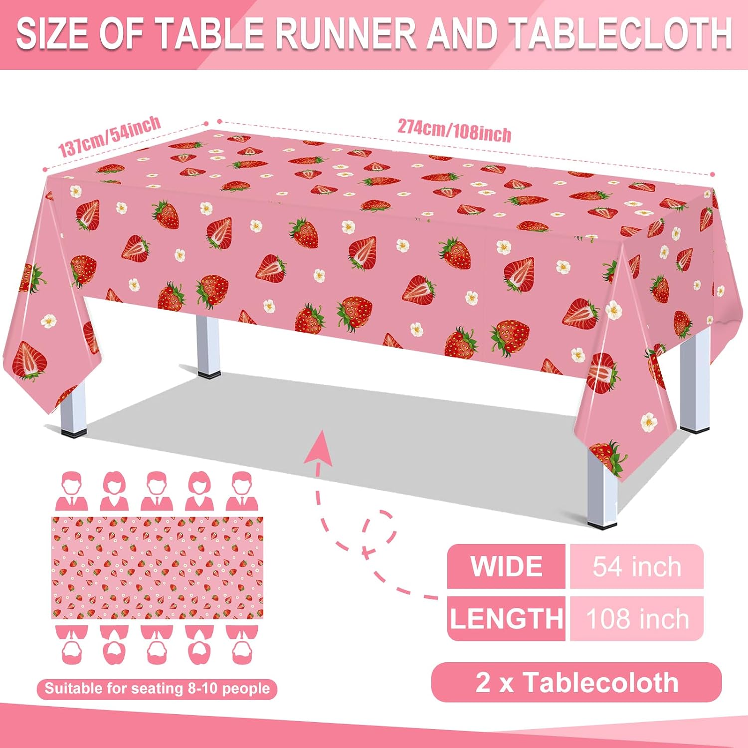 2 Pcs Strawberry Tablecloth - Pink Berry Table Cloth, Disposable Plastic Fruit Themed Strawberries Table Cover for Strawberry Birthday Decorations Party Supplise Tables Decor Favors, 108 x 54 Inch image 3