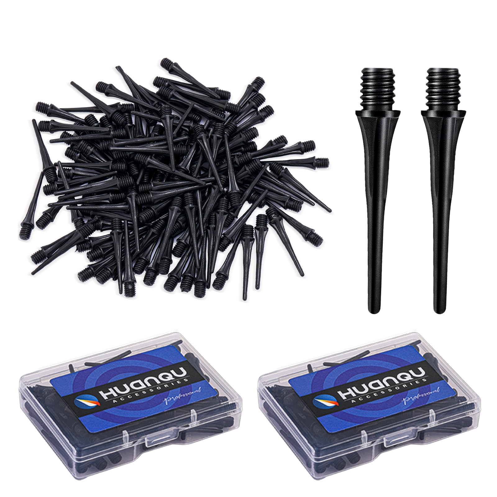 HUANQU 200pcs Dart Points Black Soft Tip Dart Tips with 2 Storage Cases – Premium Dart Points for Soft Tip Darts, Soft Tip Darts Board & Darts for Electronic Dart Board, Essential Darts Accessories