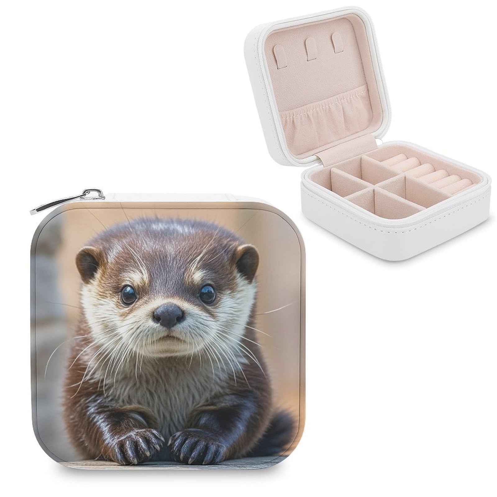 FekiLoot Cute Otter Travel Jewelry Box Small Jewelry Organizer Storage Case Portable PU Leather Mini Jewellry Travel Case Necklace Ring Storage Organizer Gift for Women
