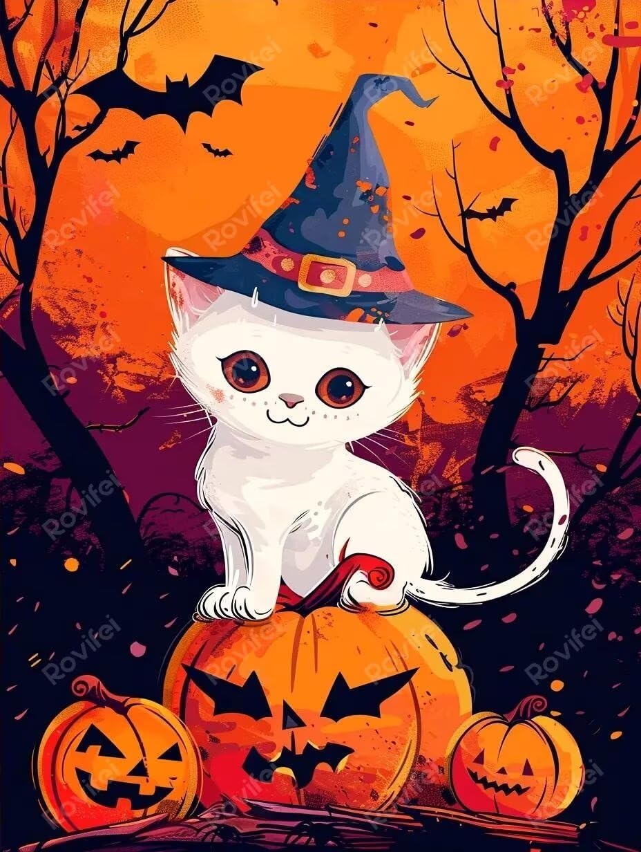 Diamond Art Kits for Adults, Halloween White Cat Diamond Painting, Rhinestone Embroidery to Exercise Patience - for Room Decor Home Decor Bathroom Decor 20x24inch