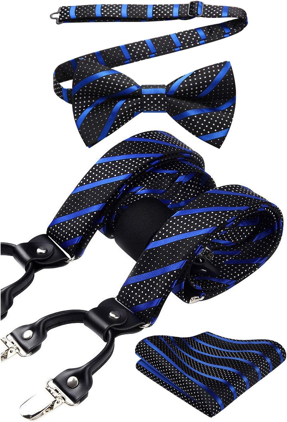 HISDERN Bow Tie and Suspenders for Men Suspender and Bowtie Handkerchief Set Adjustable Y Shape 6 Clips Wedding Brace