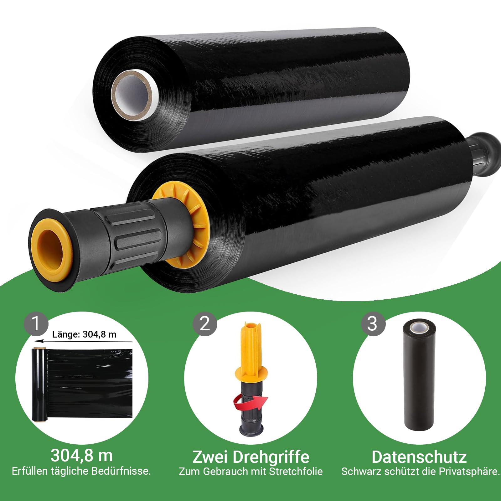 2 Rollen Schwarze Stretchfolie mit Griffen, 38,1 cm x 300 m, Schrumpffolie, Umzugsfolie, Lieferanten, 60 Gauge, Kunststofffolie für Palettenverpackung, Versand und Oberflächenschutz (A2)