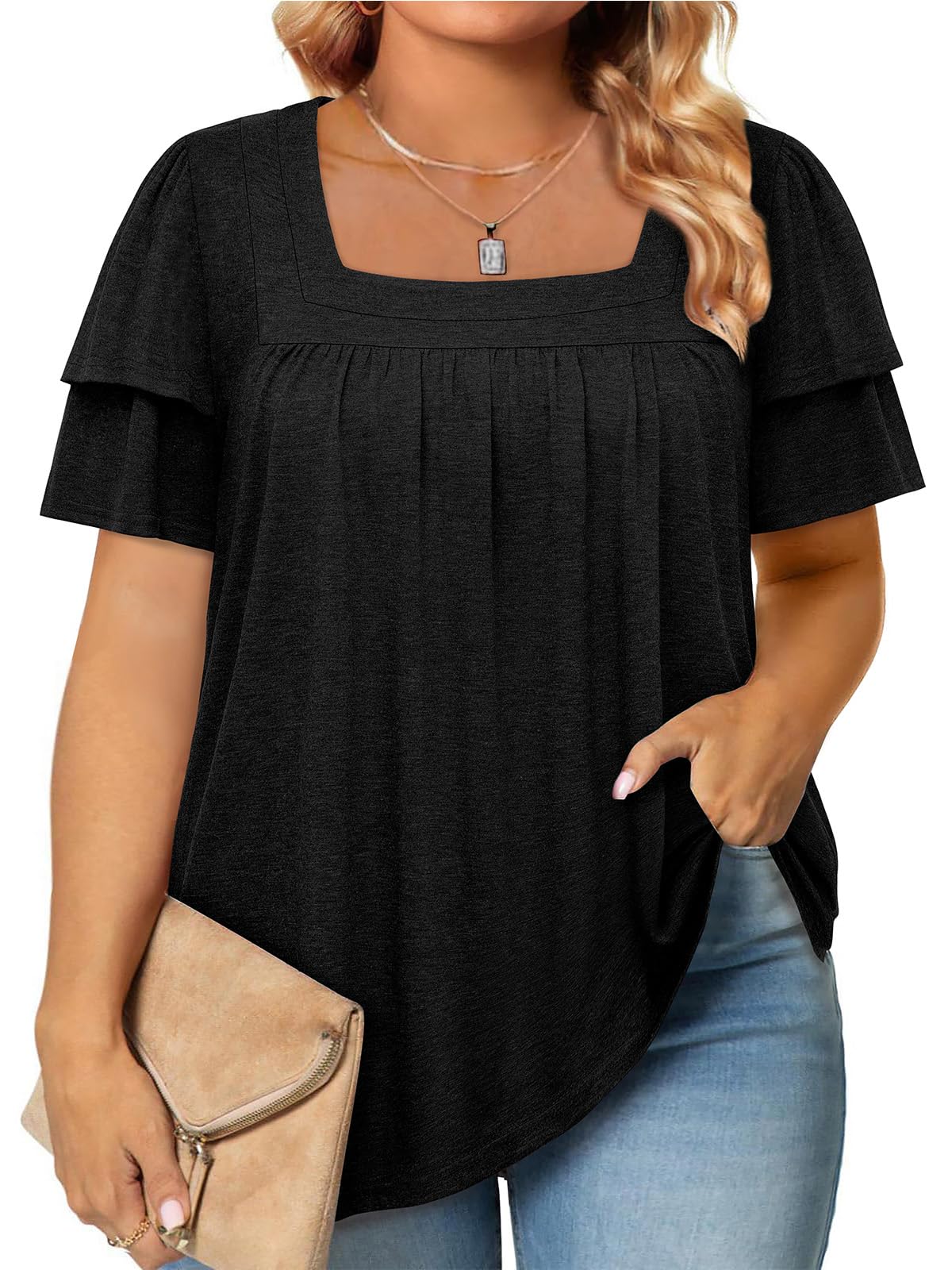 Siddhe Womens Plus Size Tops Loose Fit 3/4 Ruffle Sleeve Blouses Square Neck T Shirt Casual Tunic Tops(1X-5X)