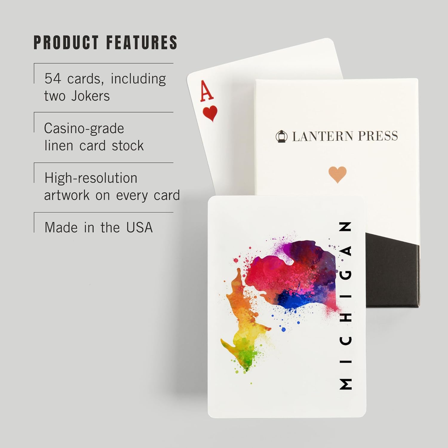 Lantern Press Michigan, State Abstract Watercolor, 52 Playing Cards for Adults, Poker Size Card Deck