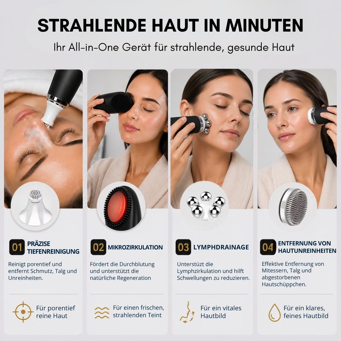 Gesichtsmassagegerät – 6-in-1 Gua Sha Gerät Elektrisch für Gesichtsmassage, Gesichtsreinigung & Hautstraffung – 4 Aufsätze, Reinigung, Faltenreduzierung, IPX7 Wasserdicht, Wiederaufladbar