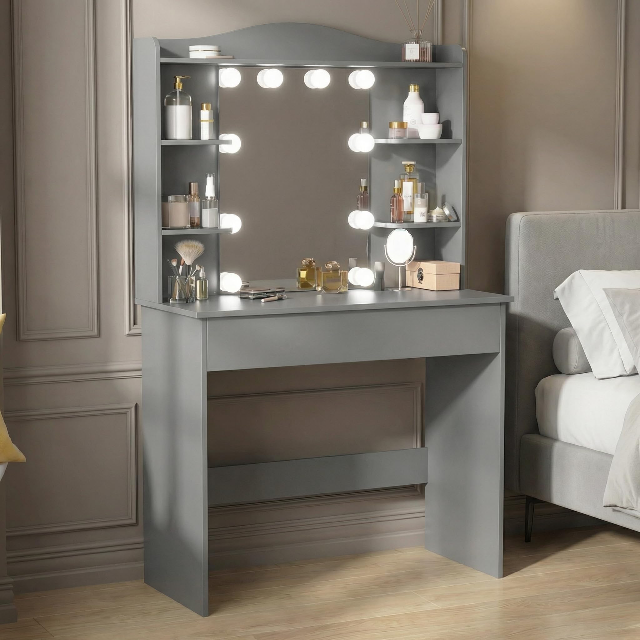 Blisswood Dressing Table with Mirror and Lights, Grey Makeup Vanity Desk with 10 LED Bulbs, Adjustable Brightness & 3 Colour Modes, 1 Large Drawer & 7 Storage Shelves, Modern Makeup Table for Bedroom