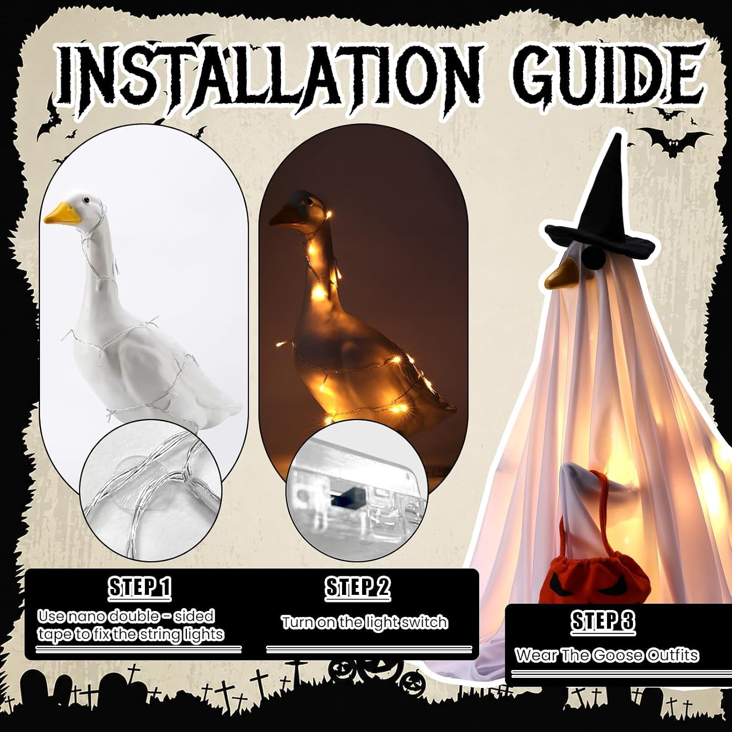 Halloween Lighted Ghost Porch Goose Outfits for 23 Inch Statue