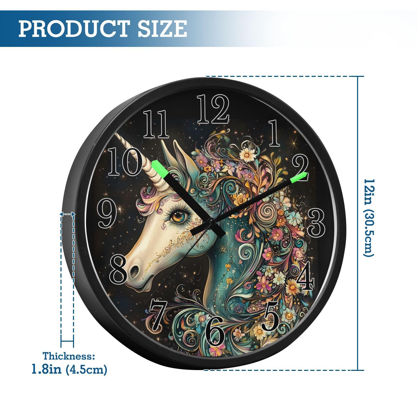 Mnsruu Reloj de pared luminoso con diseño de unicornio y flor de caballo, funciona con pilas, reloj silencioso que brilla en la oscuridad para sala de estar y cocina, 30,5 cm