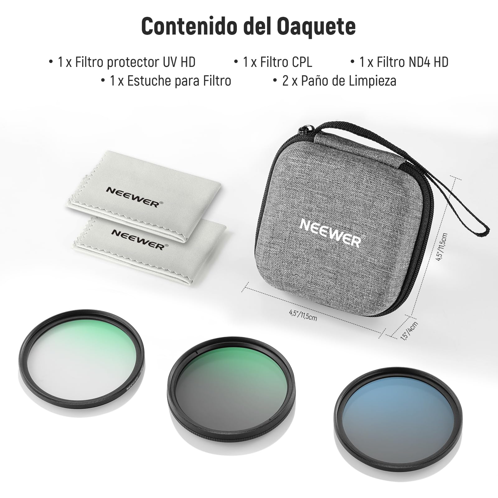 NEEWER Juego de filtros de Objetivo ND de 67 mm con Estuche de Almacenamiento, paño de Limpieza, UV CPL ND4, Cristal óptico multiprocesado, Marco de aleación de Aluminio, Filtro polarizado Circular