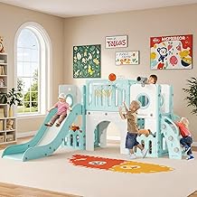 MAMIZO 9 en 1 Toboggan pour Tout-Petits, Toboggan Enfant Panier de Basket et Télescope, Jeu Exterieur Enfant, Aire de Jeux Intérieure et Extérieure, Stockage et Tunnel, mit 2PCS Moduls,Vert et Blanc