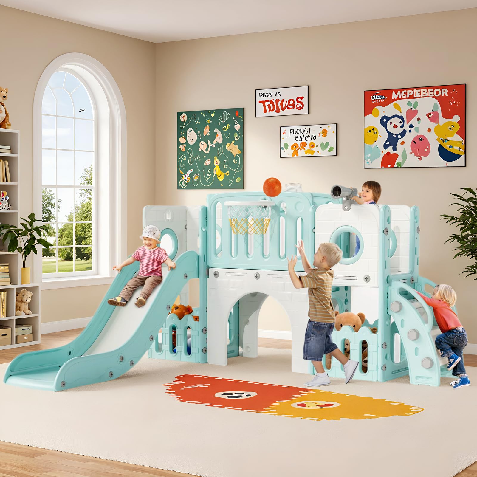 MAMIZO 9 in 1 Scivolo per Bambini, Scivolo Giocattolo da Interno o Esterno Canestri da Basket e Telescopi, Scivolo da Giardino Spazio di Deposito e Tunnel,2 anni e oltre,mit 2PCS Moduls,Verde e Bianco
