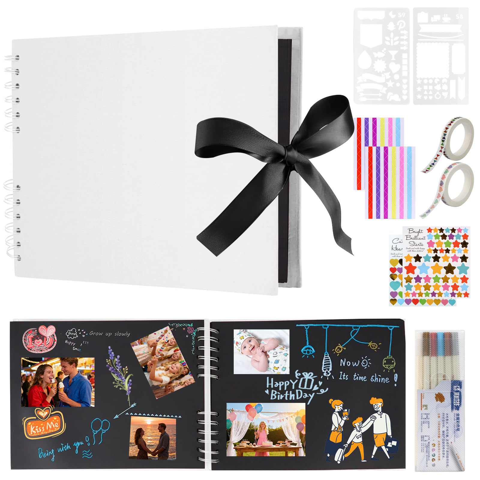 URbazaar Scrapbook Photo Album with Black Page 12x8 Inch,White Cover (40 Sheets, 80 pages) With 6 Pcs Markers Paints Pens and 8 Pcs Stickers (White)