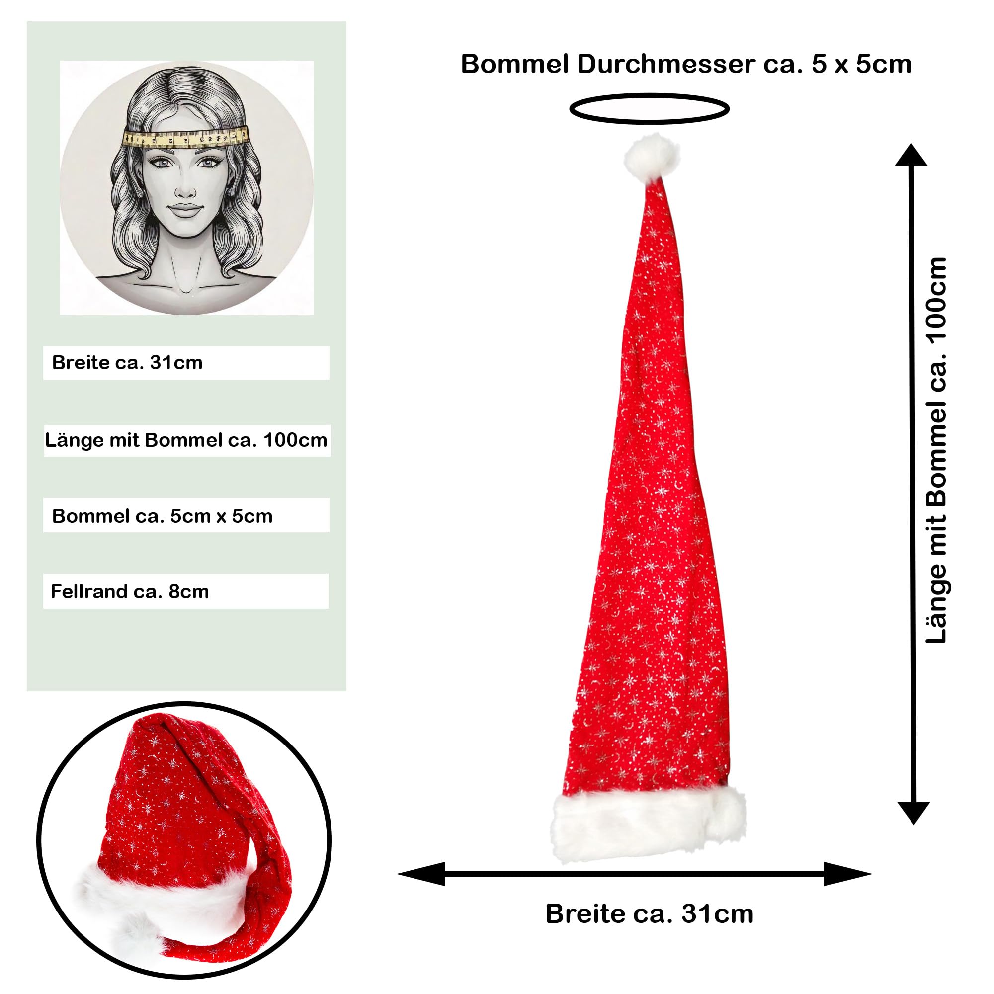 Ciffre 3 er Set Lange Weihnachtsmütze Nikolausmütze Rot Plüsch mit Glitzer Staub X5
