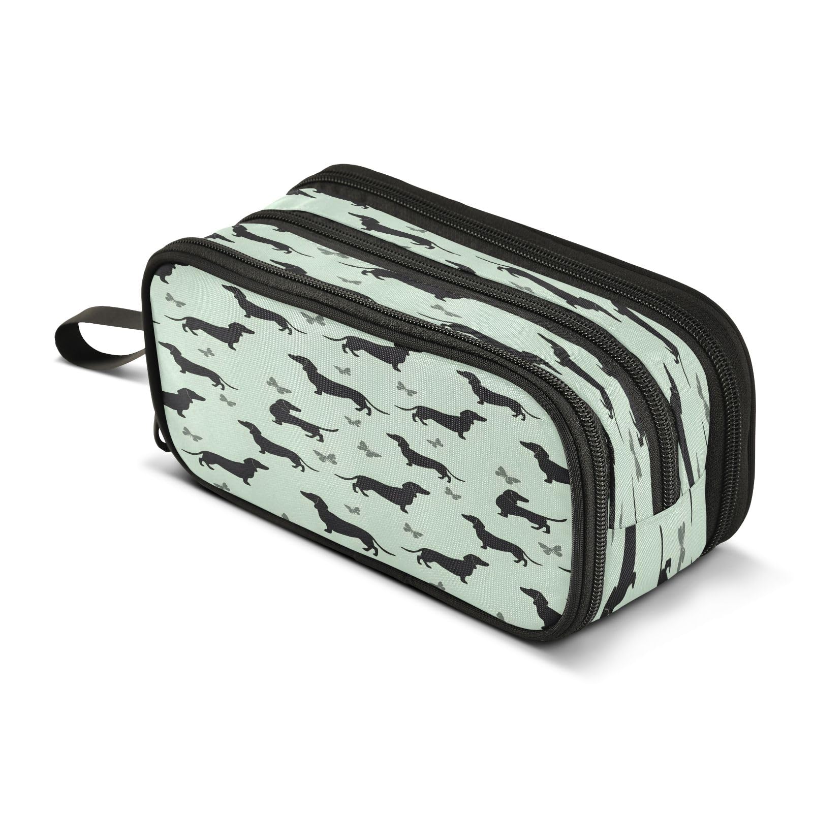 Dachshund Green Pattern Pencil Case 3 Compartment Pen Bag Pouch Holder Box School Portable Stationery Storage Bag for Girls Boys
