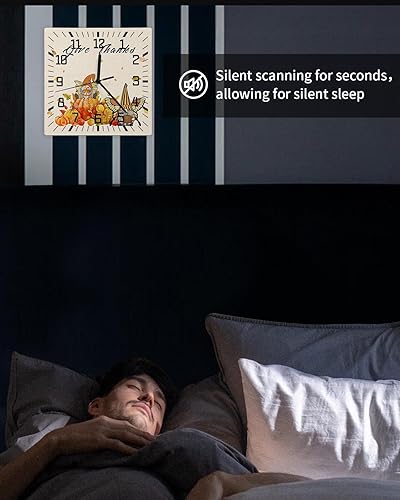 Miniatura 6 de Fall Thanksgiving Wooden Wall Clock Silent Non Ticking, Give Thanks Gnomes Pumpkins Square Wall Clock Battery Operated, Decor Clock for Home Office,