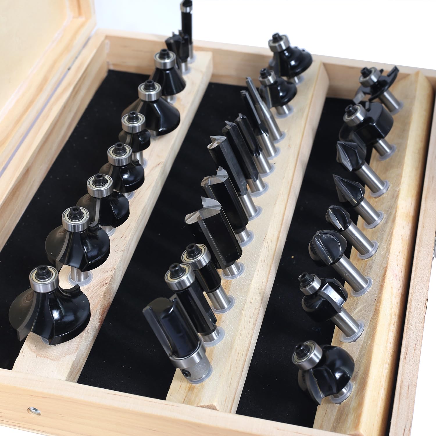 Lot de 30 fraises de défonceuse HM, tige de 8 mm, dans un coffret en bois avec roulement en 3 pièces, pour le bricolage du bois, défonceuse (tige 8 mm, lot de 30 pièces)