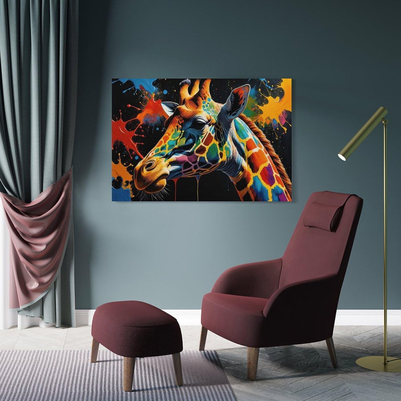 Junmoney Frame-Style-1-1 Canvas Wall Art Colorful Giraffe Portrait(8), 20X30inch(50X75cm), For Lounge, Study, Hallway Or Flat Walls, Canvas Wall Art That Fits Changing Layouts