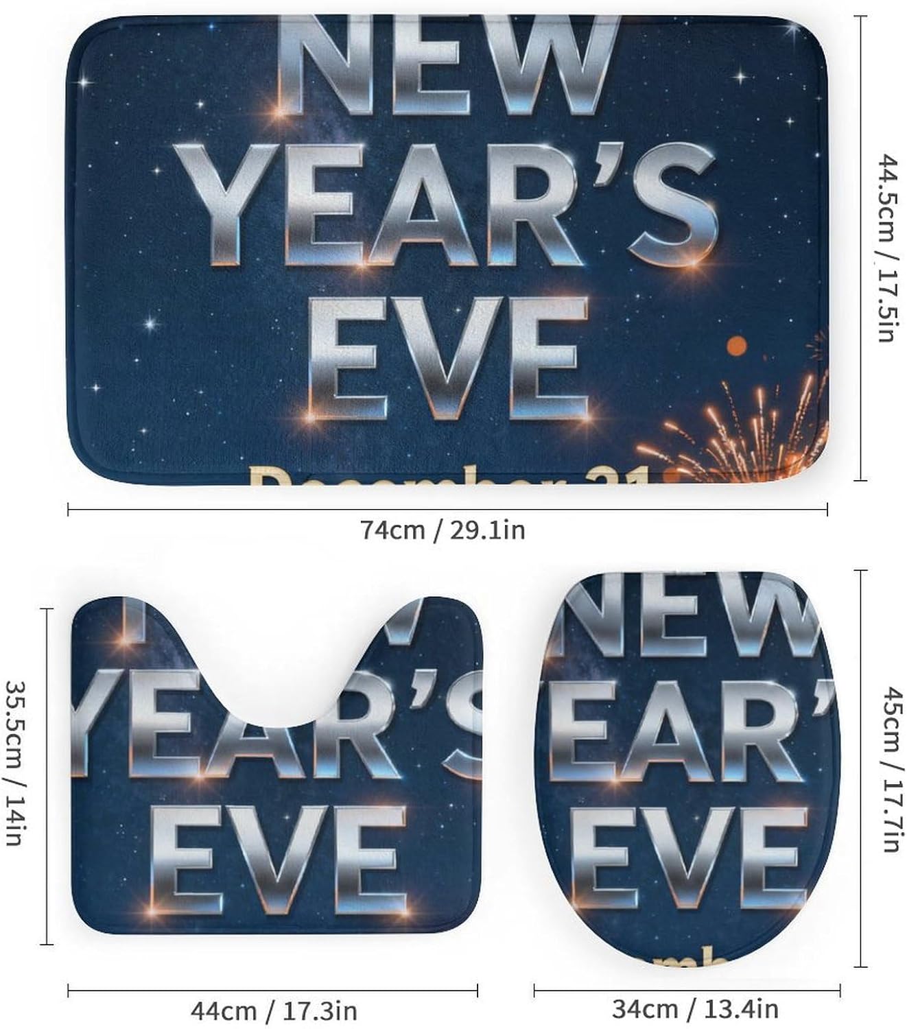 4 Piece Bathroom Rug Set with Shower Curtain, Non-Slip Bath Mat Toilet Cover Set, New Year‘s Eve Bathroom Rug Sets