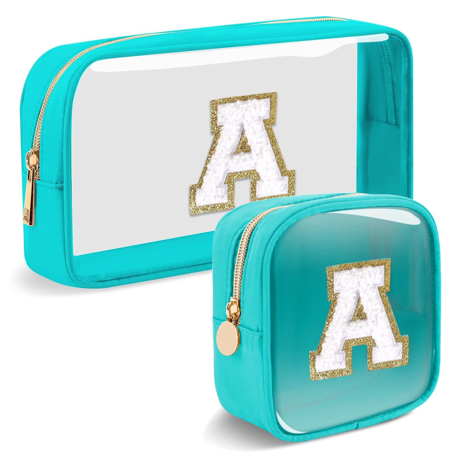 2pcs Personalized Initial Letter Clear Makeup Bag | Waterproof Nylon Preppy Cosmetic Bag | Travel Toiletry Bag | Monogrammed Gifts for Women Girl |