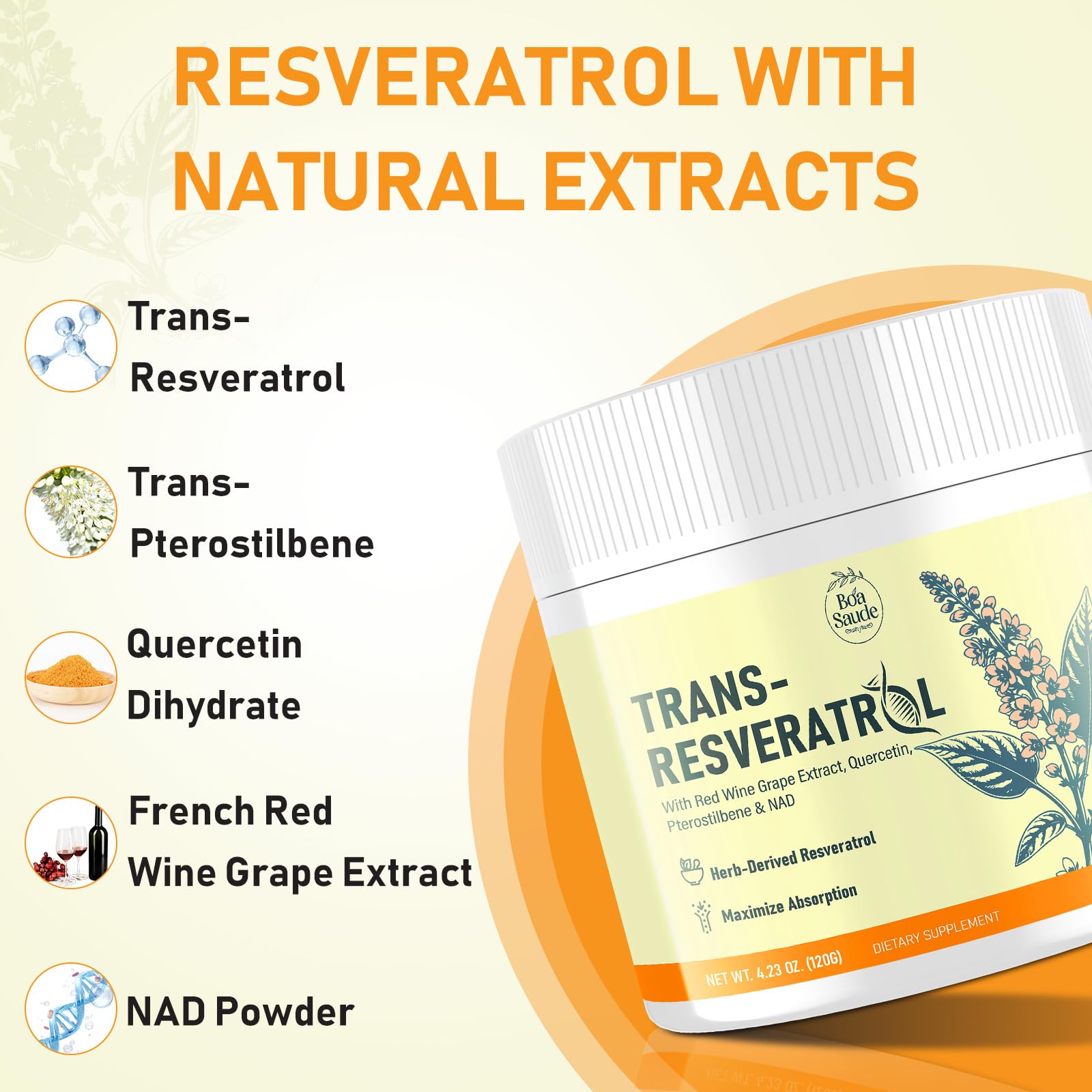 Trans-Resveratrol Powder 3000mg, High Potency Resveratrol Supplement with Quercetin, Pterostilbene, NAD & Red Wine Grape Extract, Antioxidant Blend for Cellular Wellness & Longevity, 30 Servings — Amazon image 3