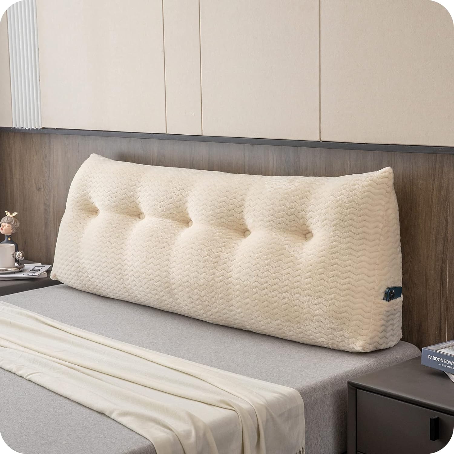 Large Bolster Triangular Headboard Wedge Backrest Positioning Support Bed Rest Reading Pillows Headboard Wedge Pillows for Day Bed with Removable Cover Beige Queen (59x8x20 Inches)