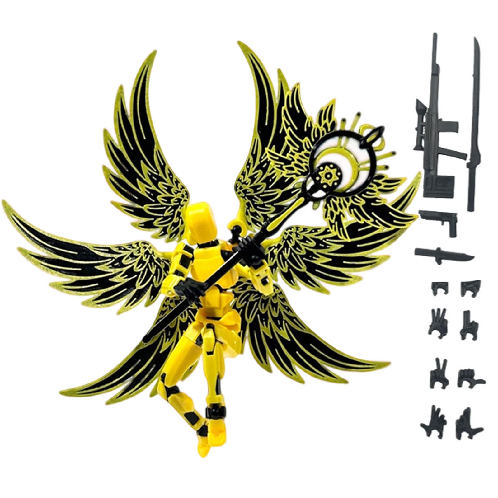 Dummy 13 Action Figure, Yellow Six-Wing Mage Robot Toy with Articulated Joints, Desktop Display for Collectors and Sci-Fi Enthusiasts, DIY Assembly Kit with and Four Weapons-image-35