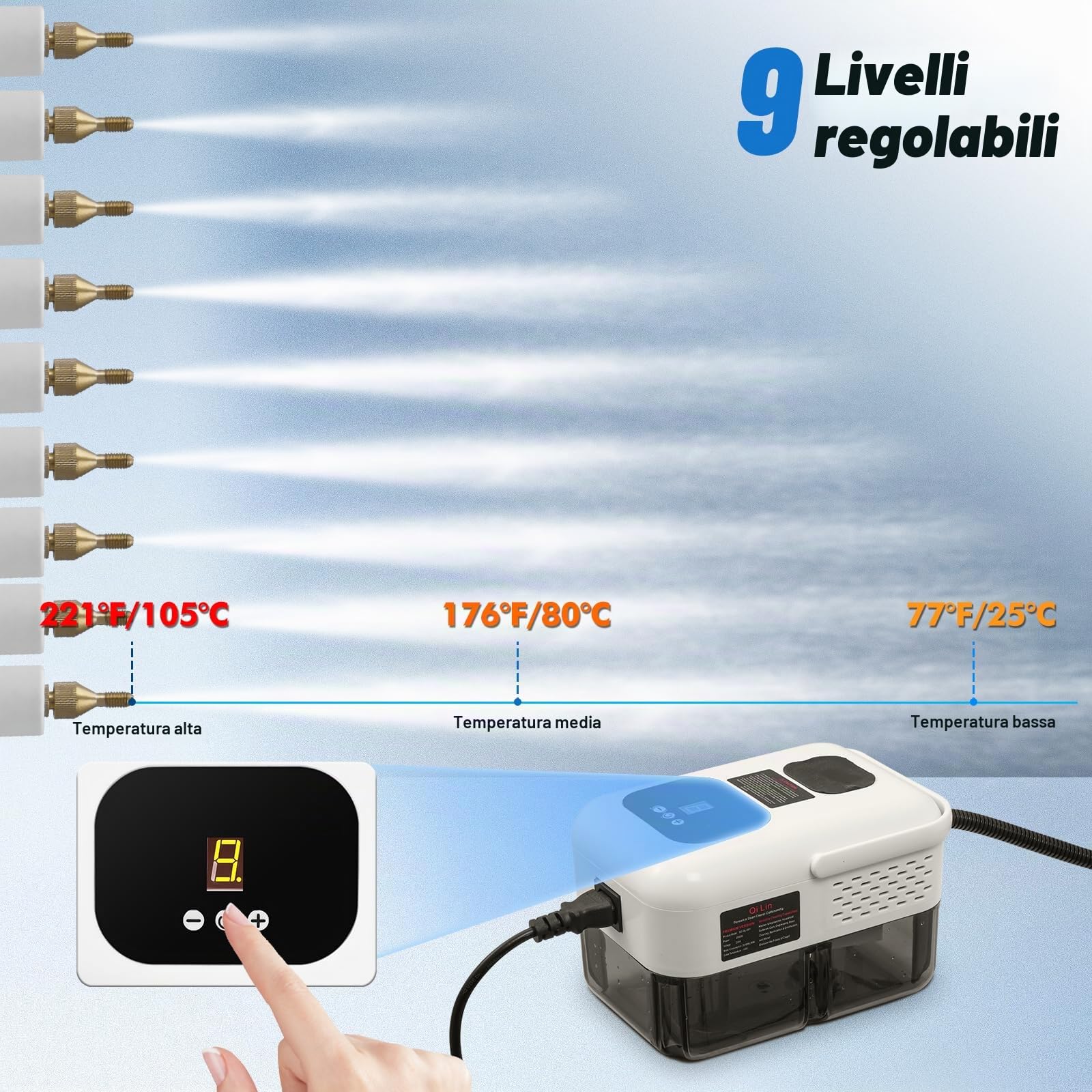 2500W Pulitore a Vapore Portatile, 9 Velocità Regolabili, con 9 Accessori, 1,2L Grande Serbatoio Steam Cleaner, per Cucina Bagno Patio Piastrelle Fughe Pavimenti (Bianco)