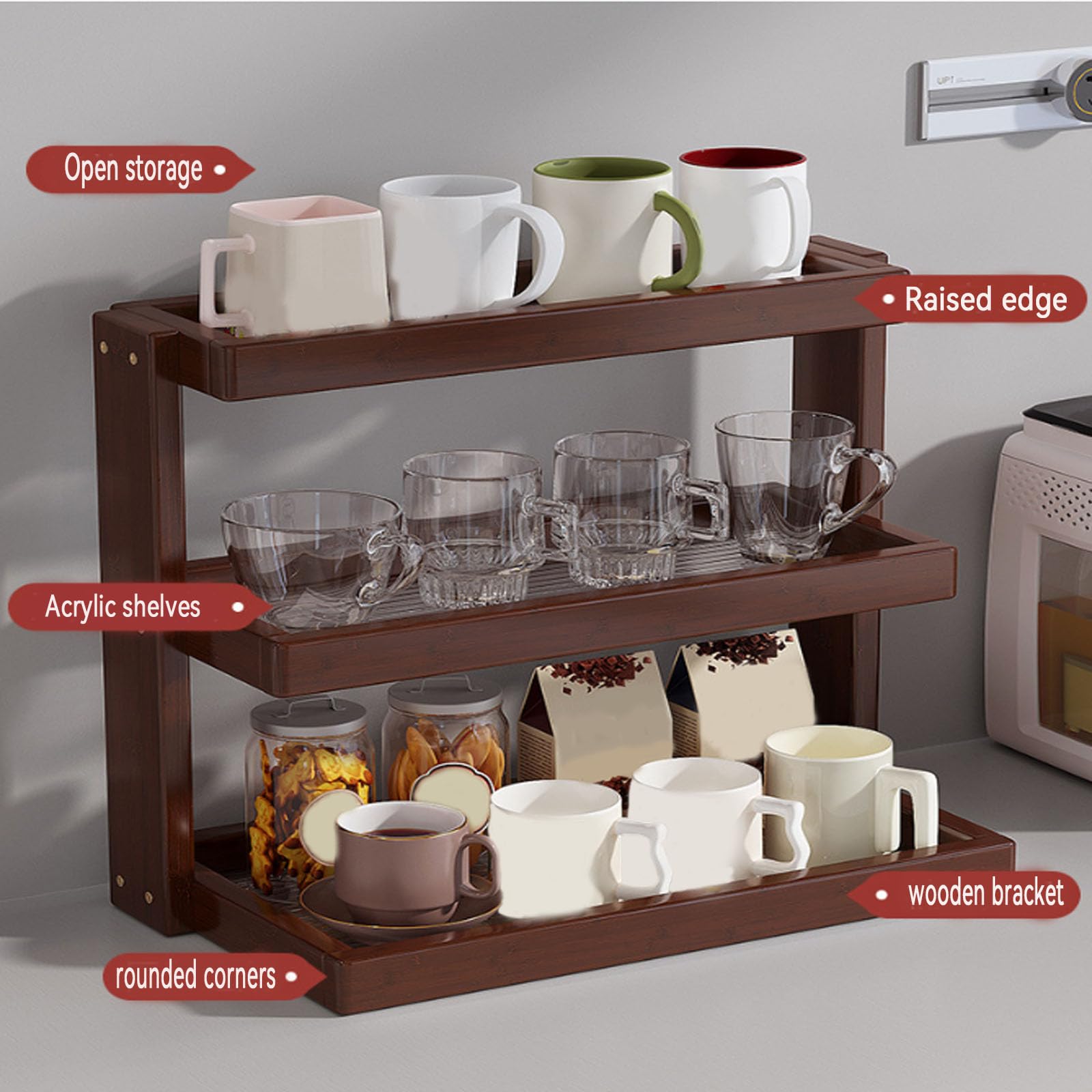 Nizer Kaffeestation aus Walnussholz, 3-stöckiger Becherhalter aus Holz und Küchenthekenregal für Tee, Kaffee, Bar, Zubehör, Matcha-Ständer, Tassen-Display und Gewürz-Aufbewahrungsregal