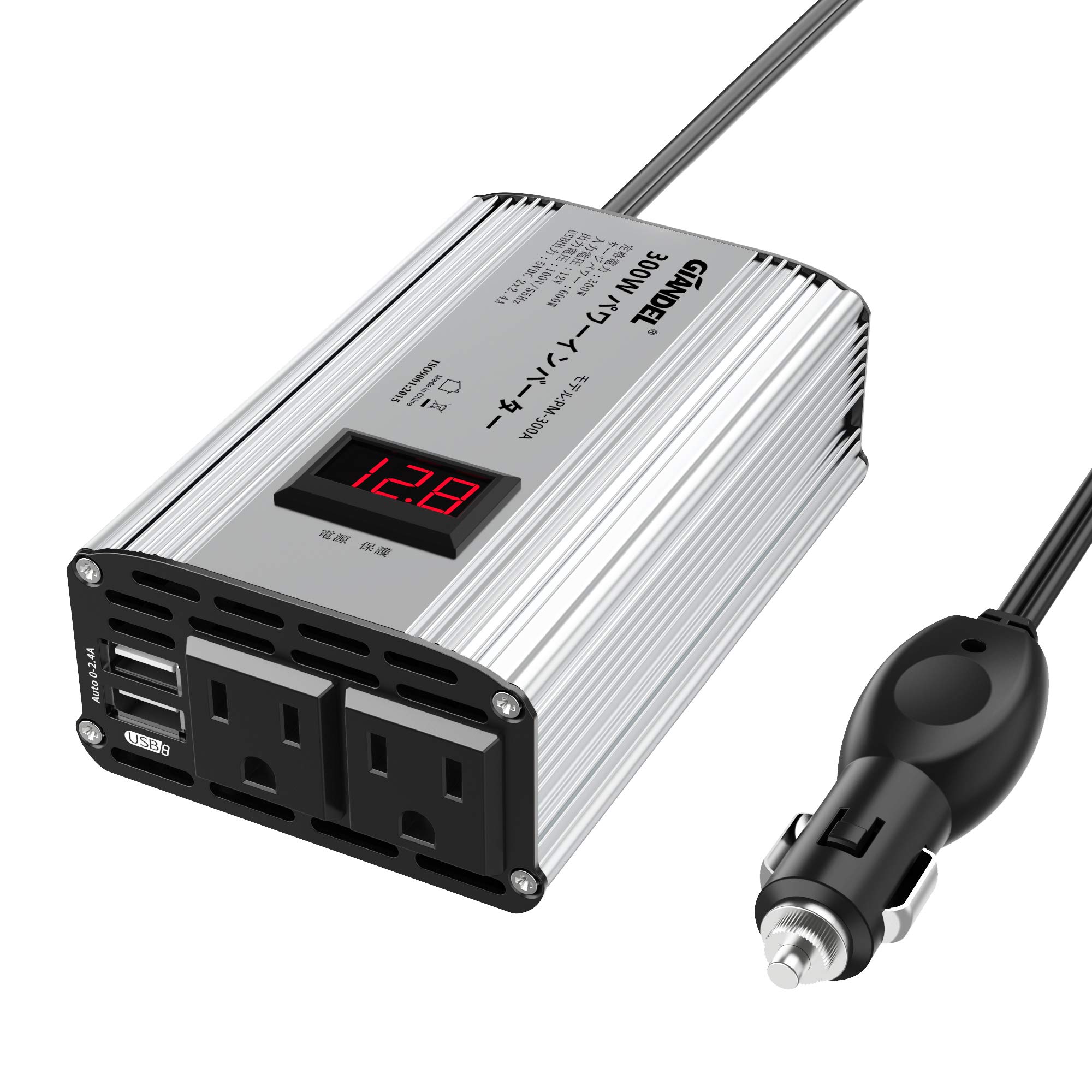 GIANDEL インバーター 300W 車 修正正弦波 DC 12Vを AC 100Vに変換 周波数55Hz ディスプレイつき 電圧測定機能搭載 バッテリーチェッカー として使用可能 2口のUSBポート シガーソケット 非常用品
