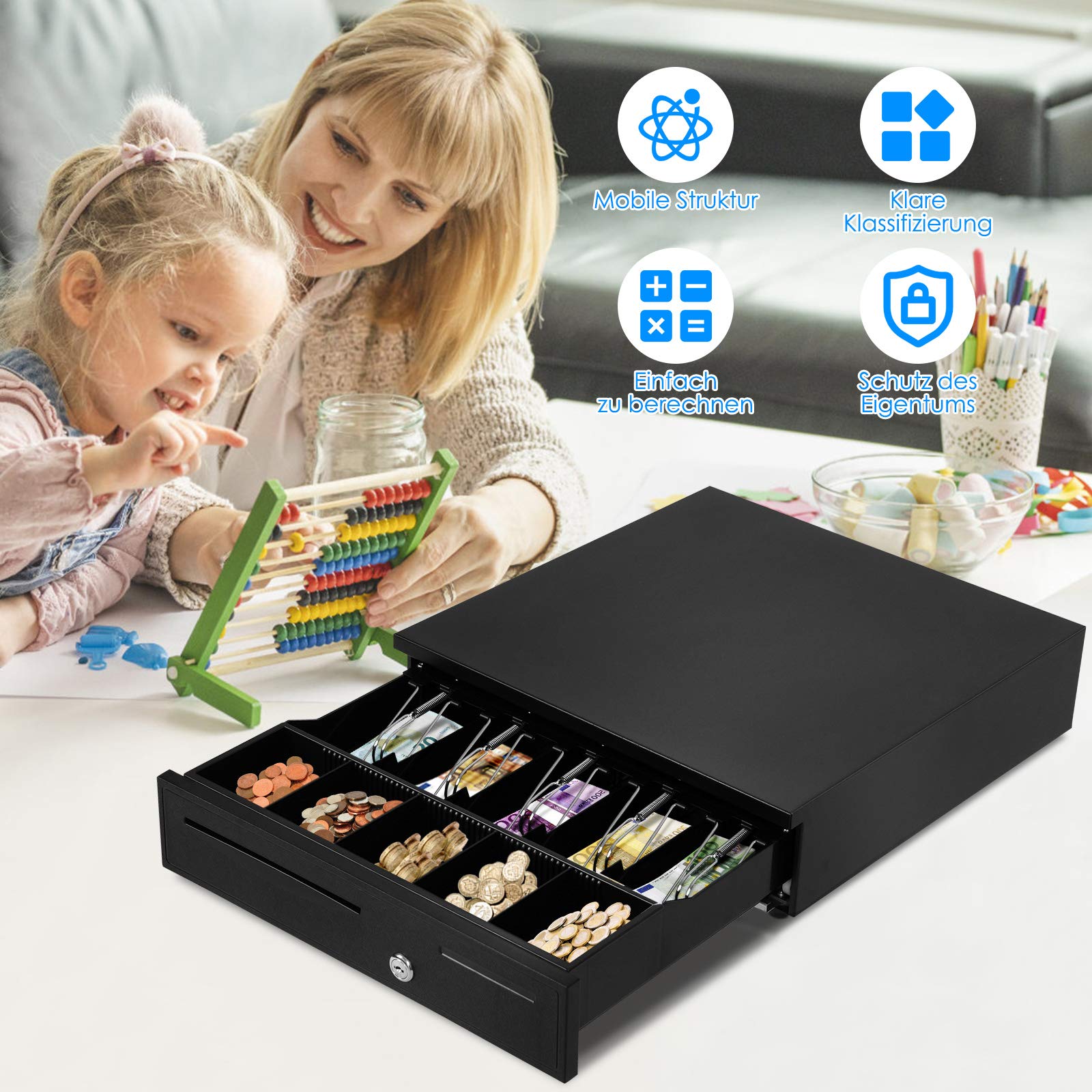 Goplus - Cajón para caja registradora, caja de dinero, cajón de caja registradora electrónica con 5 compartimentos para billetes y 5 compartimentos para monedas, color negro, 42 x 40,5 x 9 cm