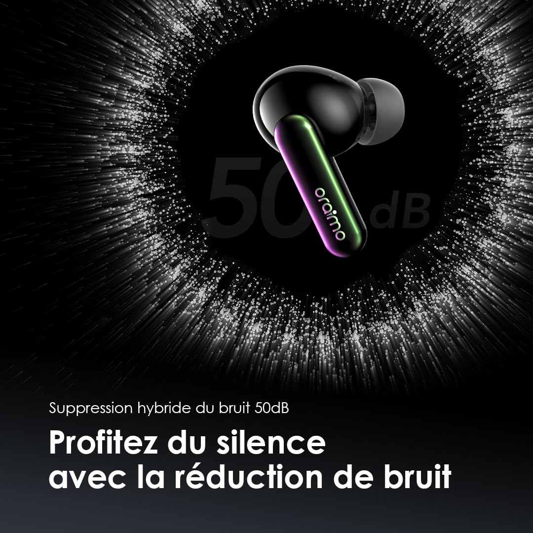 Oraimo SpaceBuds - Écouteurs Bluetooth sans Fil, Réduction de Bruit Active ANC Hybride 50dB, Autonomie 40h, Écouteurs Intra Auriculaires Basse Latence Jeu, 6 Micros Appel Clair, IP54 - Space Grey