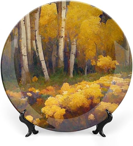 Platos decorativos, Aspen otoño árboles coloridos de pintura de montaña, plato de cena de cerámica para el hogar con soporte de exhibición,