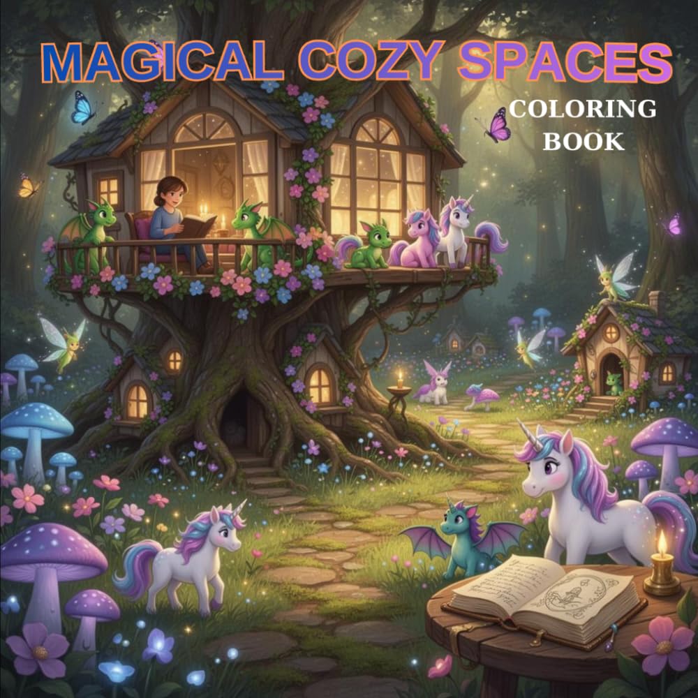 Magical Cozy Spaces Coloring Book: 50 Whimsical Illustrations for Adults & Kids - Relaxing Stress Relief with Cute Dragons, Unicorns, Fairies & Enchanted Forest Scenes