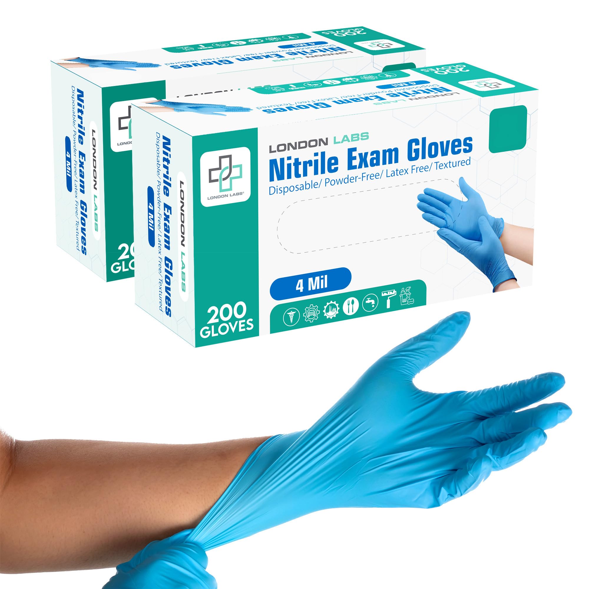 London Labs Nitrile Medical Exam Gloves 4 Mil Disposable Gloves, Latex Free Glove, Powder Free Multi-Purpose (400, Large)