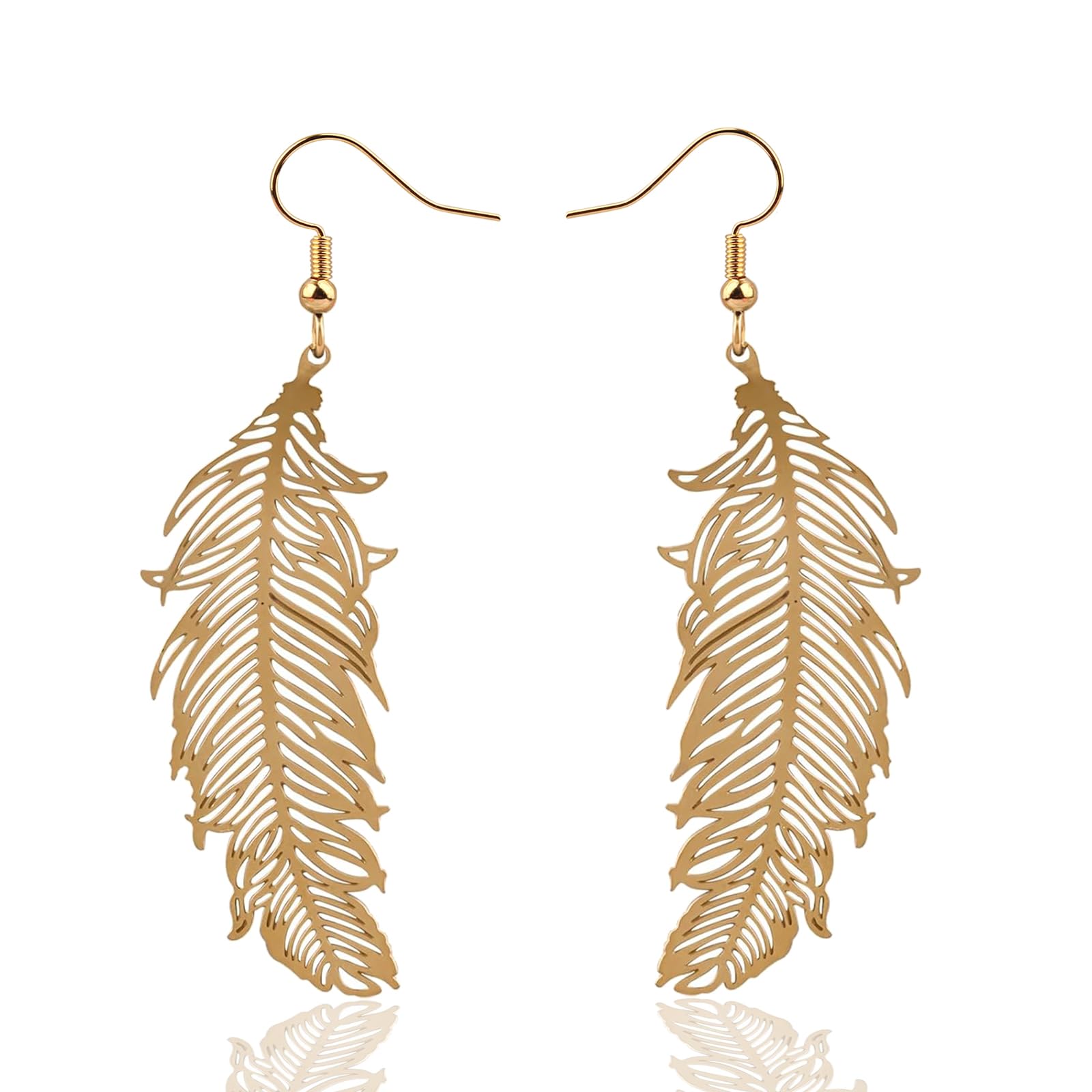 Gold Feather Drop Dangle Earrings for Women,Lightweight Long Dangling Fall Autumn Leaf Pendant Jewelry